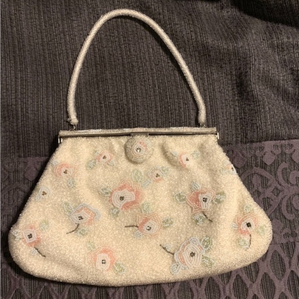 Vintage Boho Bohemian Floral Beaded Handbag Mini Cocktail Bag Cream Pink